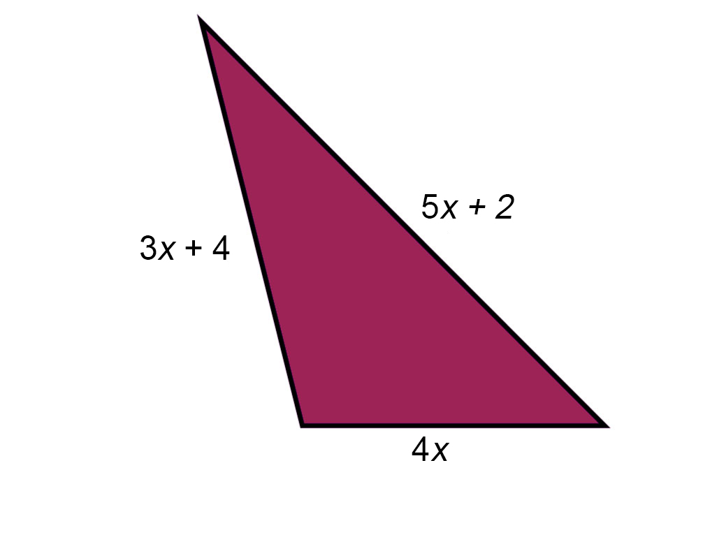 triangle with side a equal to 3x plus four, side be equal to 5x plus 2, and side c equal to 4x