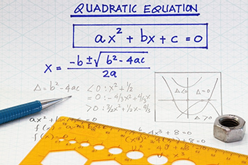 The Quadratic Equation with an example, a pencil, a ruler, and a graph