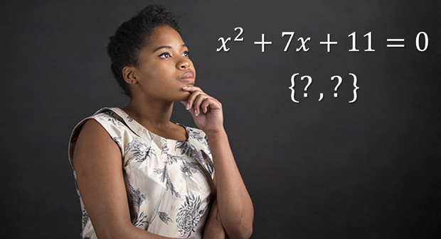 A girl at a blackboard thinking about the solution set to a quadratic equation.