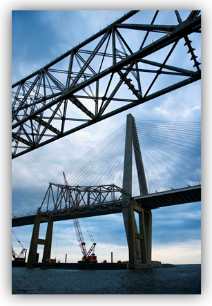 Image of bridge, cranes and triangles