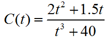 c of t equals 2 t squared plus 1 point 5 t over t cubed plus forty