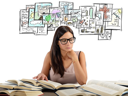 girl reading books on different subjects