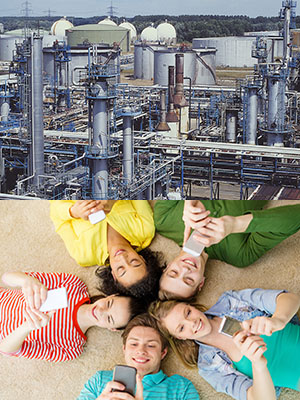 a petrochemical refinery and students using mobile phones