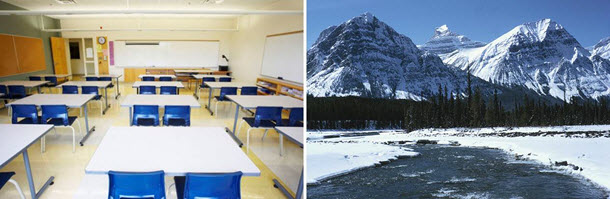 A classroom and mountain range