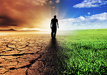 Image showing dry climate and normal climate with a student walking between both images