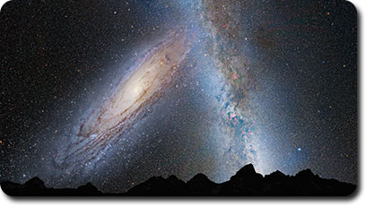 An artist's depiction of the collision of the Andromeda Galaxy and the Milky Way Galaxy