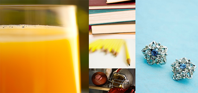 Orange juice, books, pencils, football gear, and earrings