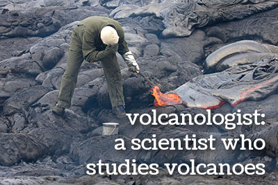 A volcanologist collecting a lava sample