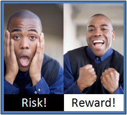 Two images of the same man, one shocked and one happy with the words risk and reward underneath.