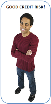 Image of young man smiling with the words good credit risk over his head. 