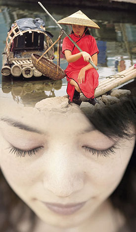 Asian woman reflecting on life in China, reflected in image of traditionally dressed woman by a river