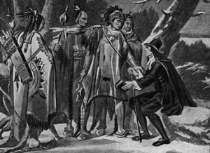 Puritan holding Bible in front of Native Americans