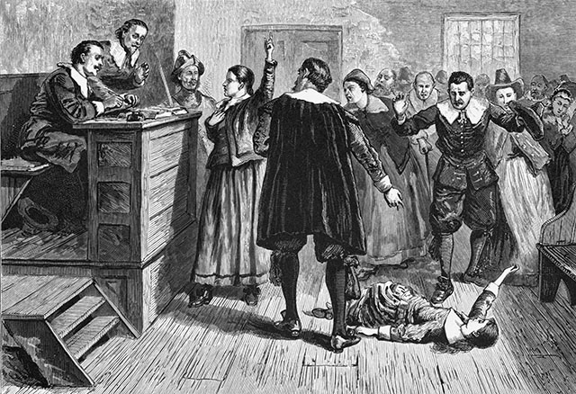 eighteenth century engraving of Salem Witch Trial