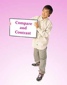 student holding sign "Compare and Contrast"