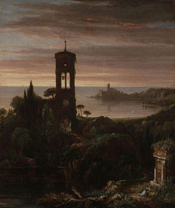 painting by Thomas Cole showing dark skies and church in shadows