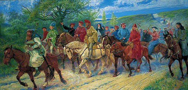 a painting showing the Canterbury pilgrims on horseback