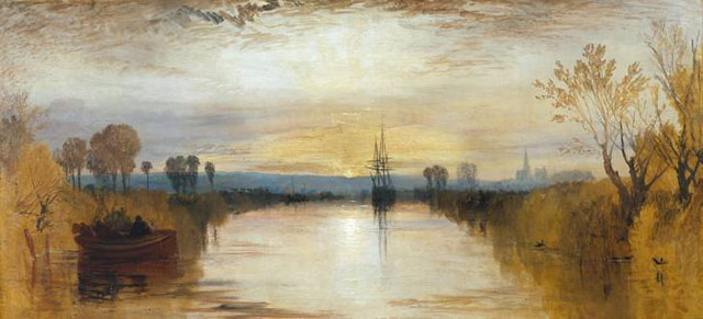 landscape painting with ship on the horizon