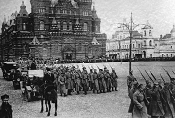 Bolshevik forces marching on Red Square in Moscow