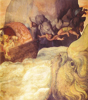 A 16th century Italian fresco of Odysseus's boat passing between Scylia and Charybdis