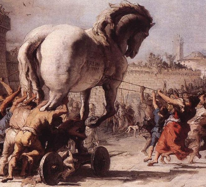 Trojan horse being carried into Troy