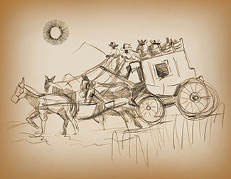 mules pulling a stagecoach