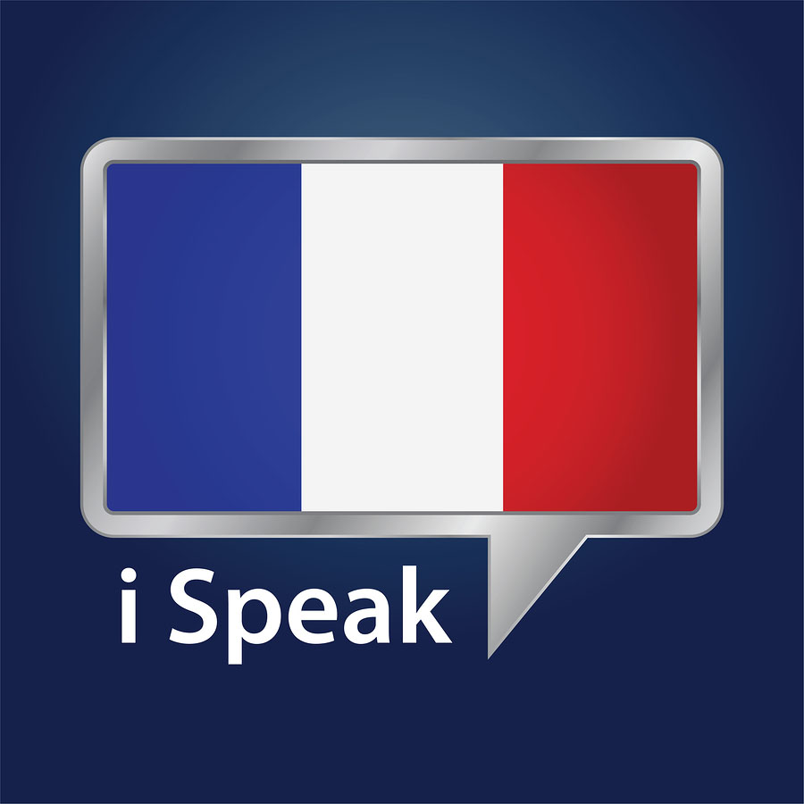 French flag inside a speach bubble with the words "I speak" below it