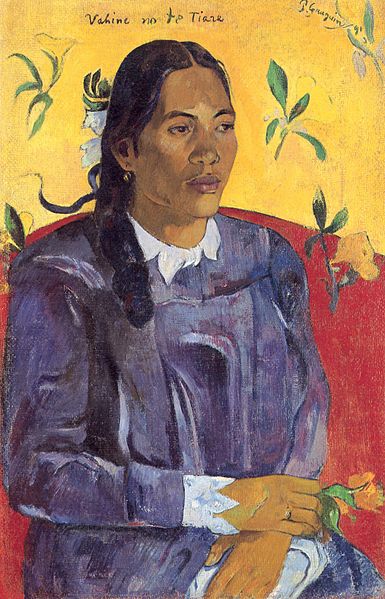 painting of a Tahitian woman sitting in a chair and holding a flower