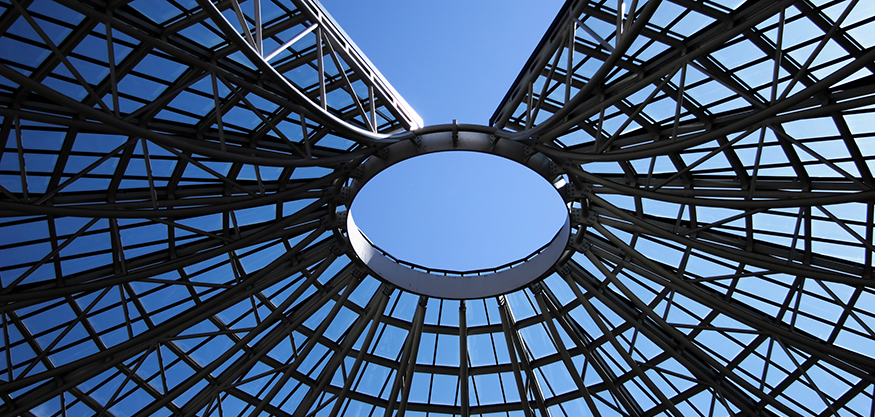 A circular roof with steel segments