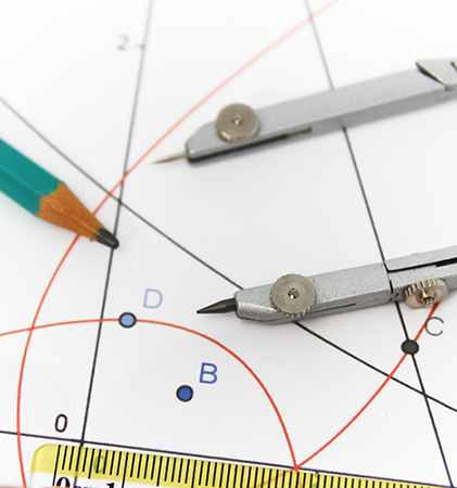 a compass, pencil, and drawn circles with points on it