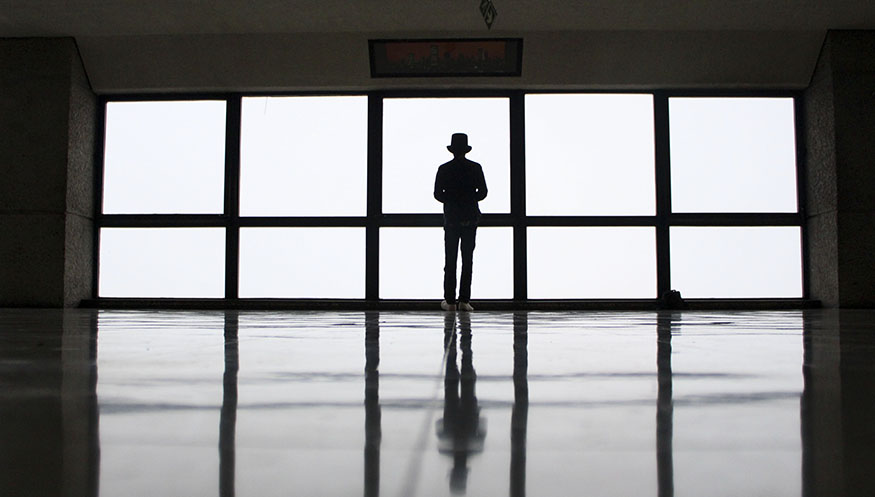 person looking out of a window with panes