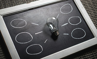 a lightbulb resting on a chalk board with six thought bubbles drawn around it