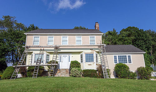 outdoor view of ladders leaning against a house