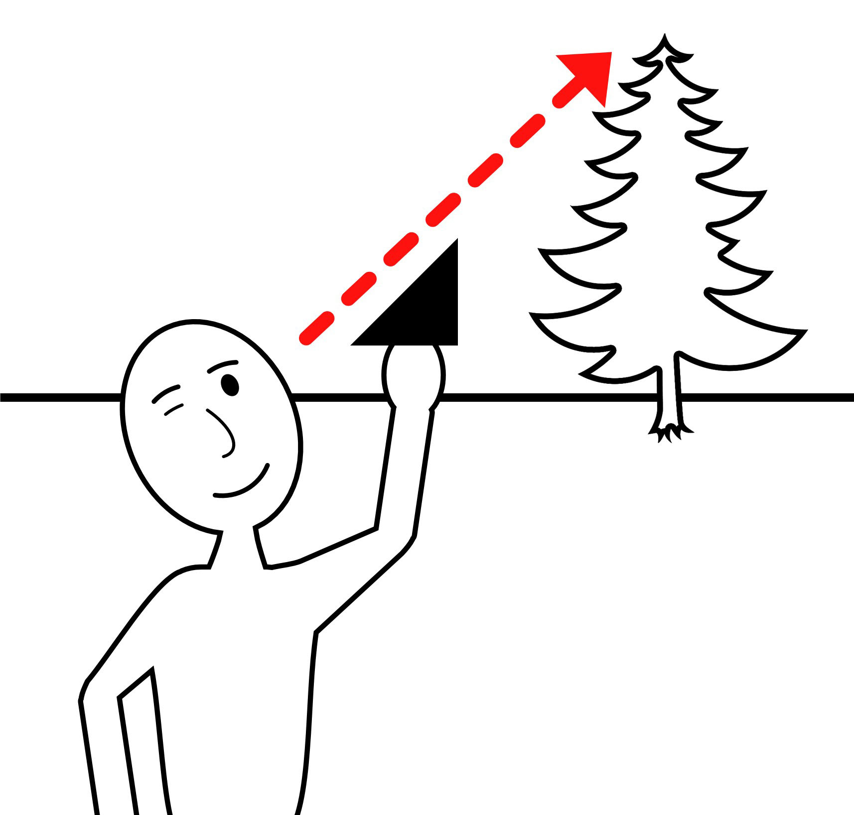 a person holding a triangle up in the direction of the tree