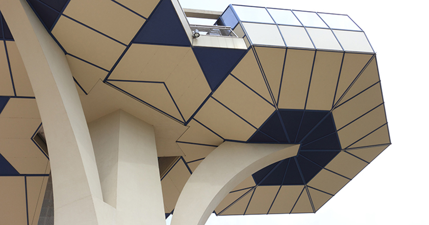 a building with many geometric shapes