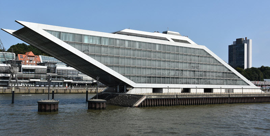 an office building shaped like a parallelogram