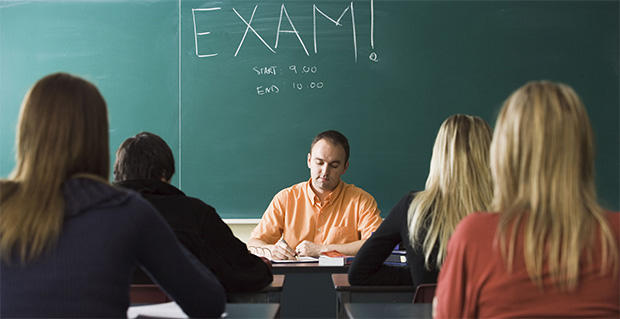 Students taking an exam in a classroom