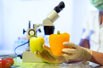 food scientist in a lab with vegetables