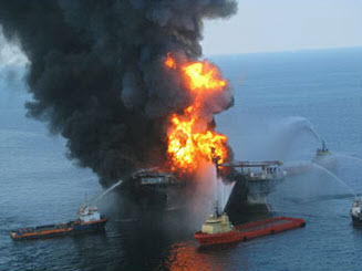 Response ships trying to extinguish the fire on the oil rig Deepwater Horizon in 2010