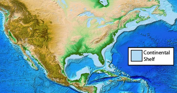 map showing continental shelf in North America