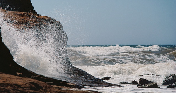 Seawater spray from crashing ocean waves