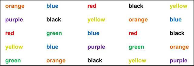 list of words written in matching colors of text