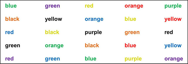 list of words written in various colors of text