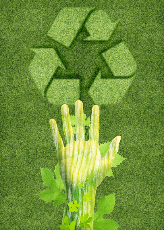 hand coming upward through leaves and reaching toward a recycling symbol