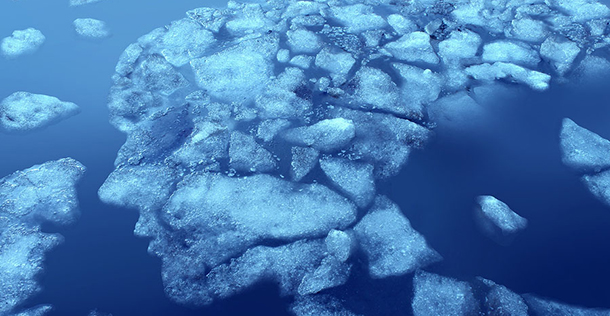 Icebergs arranged in the shape of a human head