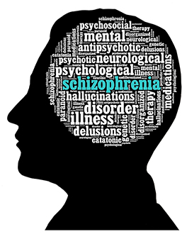 Outline of a head with many words relating to schizophrenia inside