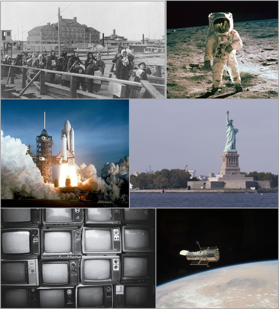 collage of images: Ellis Island, a man on the moon, the Statue of Liberty, the Hubble Telescope, black and white televisions, and the launching of Space Shuttle Columbia