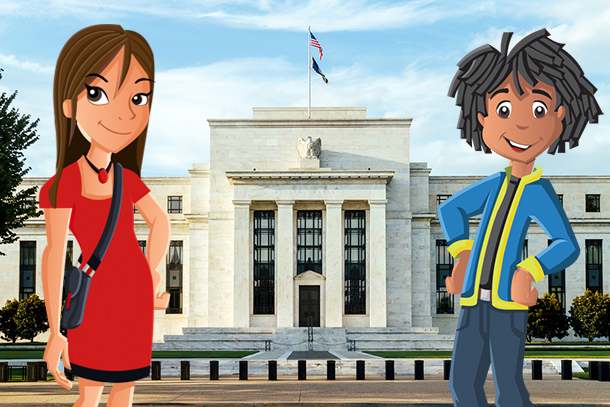 Martina and Terrance standing in front of the Federal Reserve building