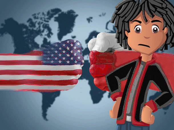 Terrence in front of one fist representing an American flag and another fist representing a Russian flag