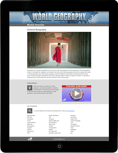 tablet with a Module Overview webpage from the online World Geography course