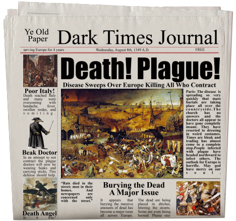 newspaper with the headline of Death! Plague!